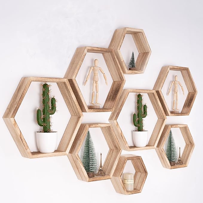 WONFUlity Hexagon Floating Shelves Honeycomb Shelves Wall Mounted Wood Farmhouse Storage Wall Shelf for Bathroom, Kitchen, Bedroom, Living Room,Driftwood Finish Decor,Light Brwon