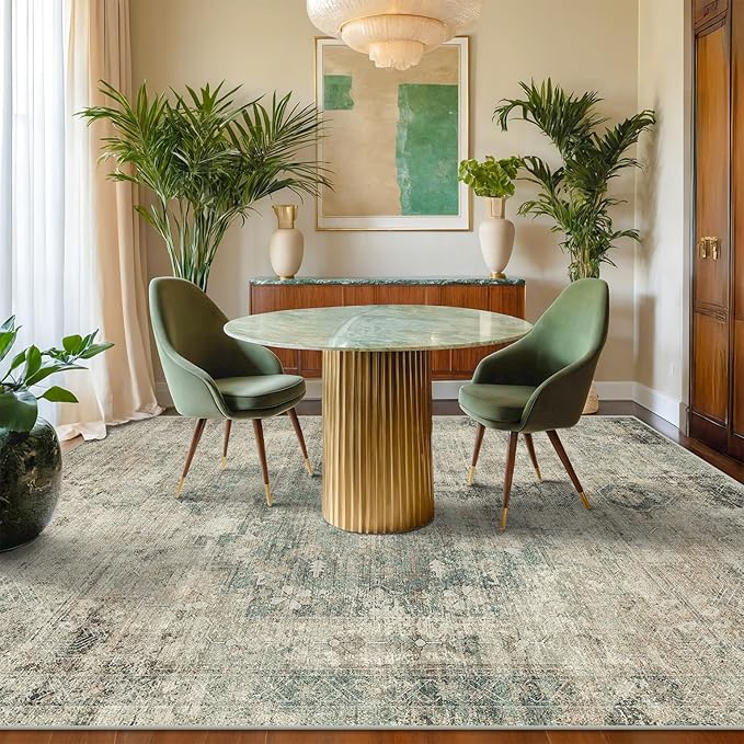 Hazo Haus Tan and Moss Rugs for Dining Room - Neutral Abstract Faded Patterned Accent Rug 5x8 for Living Room, Home Office, Bedroom Foldable Soft Washable