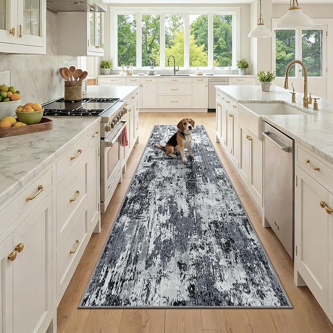 RELEANY Washable Area Rugs 3x9 Non-Slip Modern Abstract Soft for Living Room Entryway Bedroom Nursery, Print Pattern, Black Navy Blue Gray