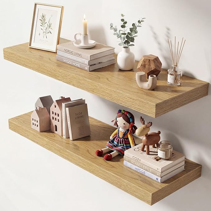 Dreamland 30 Inches Floating Shelves for Wall, 9.3" Deep Long Floating Shelves Set of 2, Large Display & Storage Shelf, Wall Shelf for Bathroom Bedroom Living Room Kitchen Office, Oak