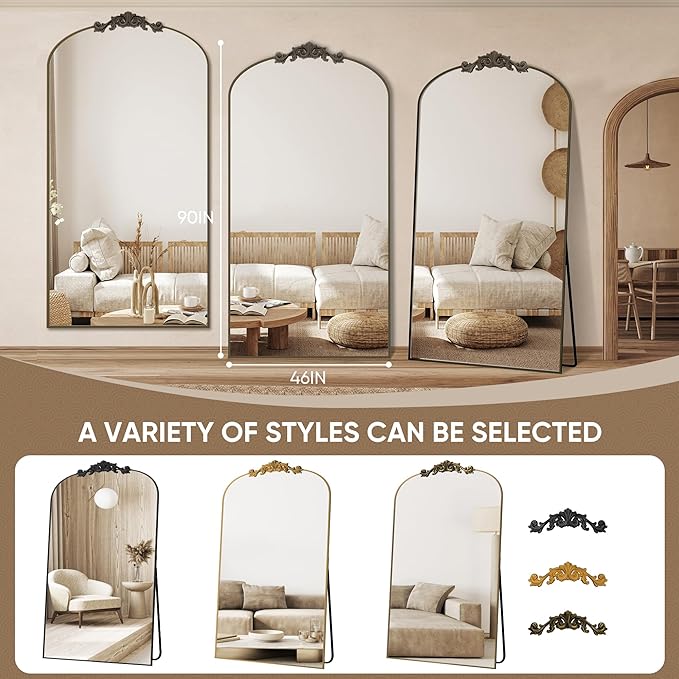 Antok Arched Full Length Mirror, 90"x46" Floor Mirror with Carved, Full Body Mirrors for HomeDecor, Standing/Halling Large Wall Mirror for Bedroom, Living Room, Cloakroom, Bronze, Retro Style