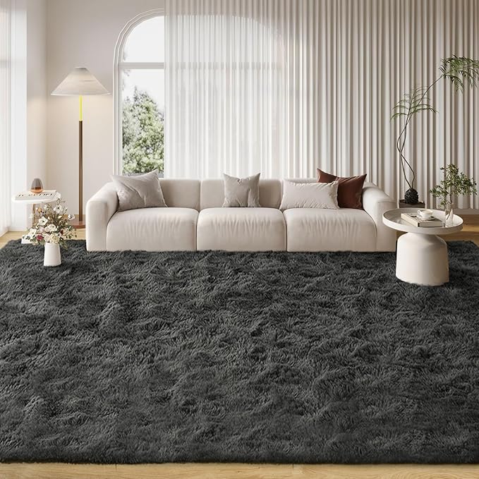 FinRèc 8x10 Feet Rugs for Living Room Bedroom, Soft Dark Grey Fluffy Area Rug, Non-Slip Solid Shag Rug for Nursery Kids Room Dorm Room Home Decor, Indoor Floor Carpet