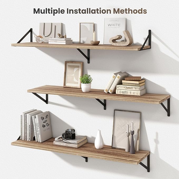 Marsmiles Deep Floating Shelves for Wall - 48 Inch Wide x 12 Inch Deep Wall Shelves Set of 2 - Rustic Wood Floating Shelves for Living Room Bedroom Bathroom