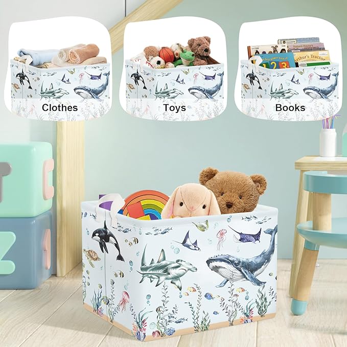 Ocean Animals Baby Laundry Hamper Collapsible Clothes Kids Storage Basket Large Boys Girls Gift Toy Box Bin for Nursery Room, Blue Shark, 36L