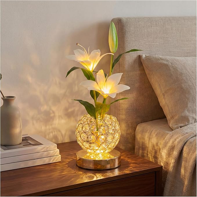 Stargazer Lily Flowers Table Lamp, Rechargeable Cordless Touch Crystal Lamp with 3 Color Modes, Easter Lily Night Light for Bedroom Kitchen Office Decor, Birthday Mothers Day Gifts for Women Mom