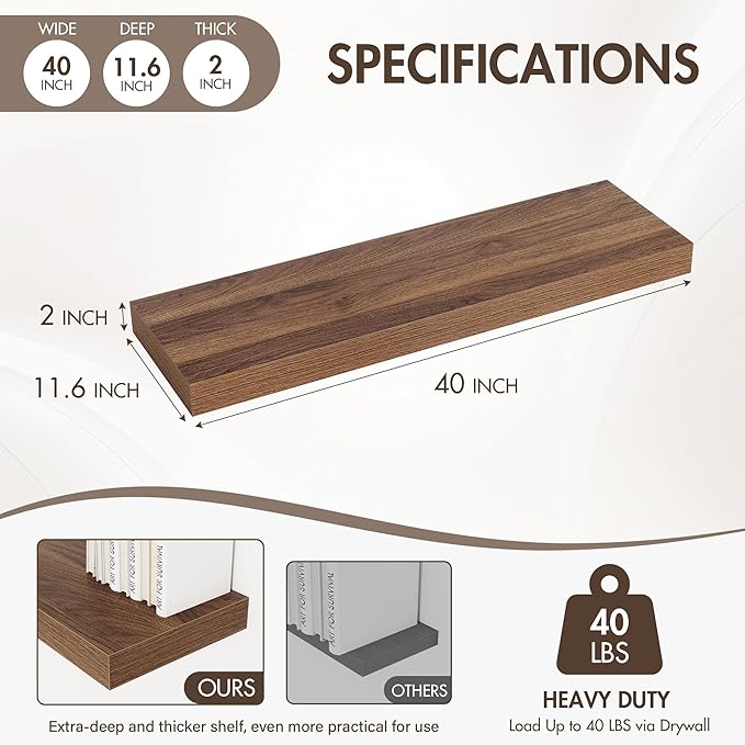 Acovy 40 Inch Floating Shelves, 12" Deep Floating Shelf Wall Mounted, 40" Wall Shelves, Rustic Deep Bookshelf, Extra Deeper & Thicker Display Shelves for Bedroom, Living Room, Walnut, Set of 2