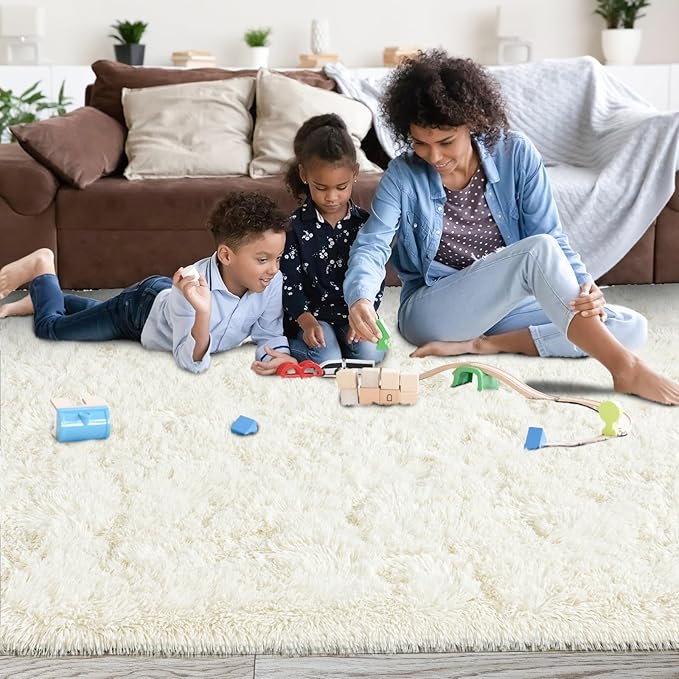 Area Rugs for Living Room 6x9, Ultra Soft Fluffy Rug for Bedroom, Modern Shaggy Carpets Fuzzy Rug for Girls Boys Room Home Indoor Nursery Teens Dorm Decor, Upgrade Non-Slip Durable, Cream White