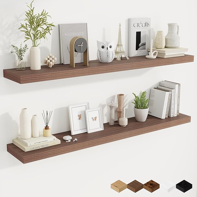 Fun Memories 55 Inch Fireplace Mantel Shelf, 9.3" Deep Floating Shelves for Wall, Long Wall Mounted Farmhouse Display Shelves with Invisible Heavy Duty Metal Bracket, Walnut, 2 Pack