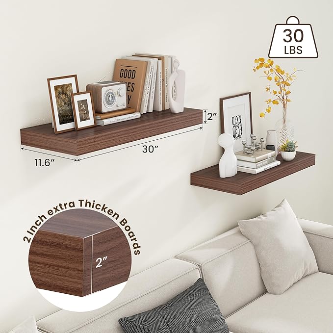 FLYJOE 30 Inch Floating Shelves | 12 Inch Deep Walnut Floating Shelves Set of 2 | 30" W x 12" D Rustic Wood Shelves for Wall | Deep Walnut Shelves for Living Room Bathroom Laundry Room Kitchen