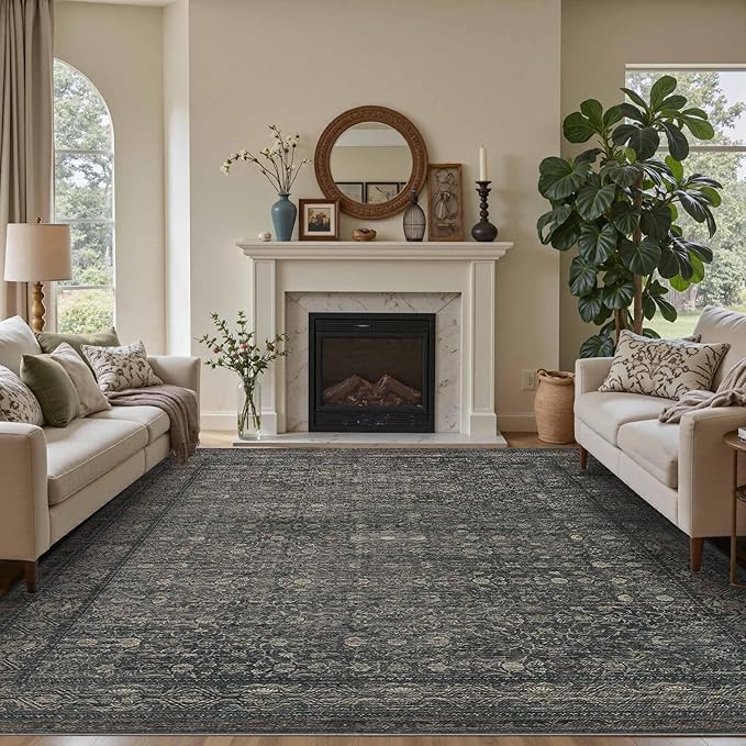 Rugxara 6x9 Washable Area Rug for Living Room, Vintage Large Boho Rugs for Office, Dining Room, Kids Room, Farmhouse, Durable Low Pile Non Slip Carpet for High Traffic Areas, Moss Brown