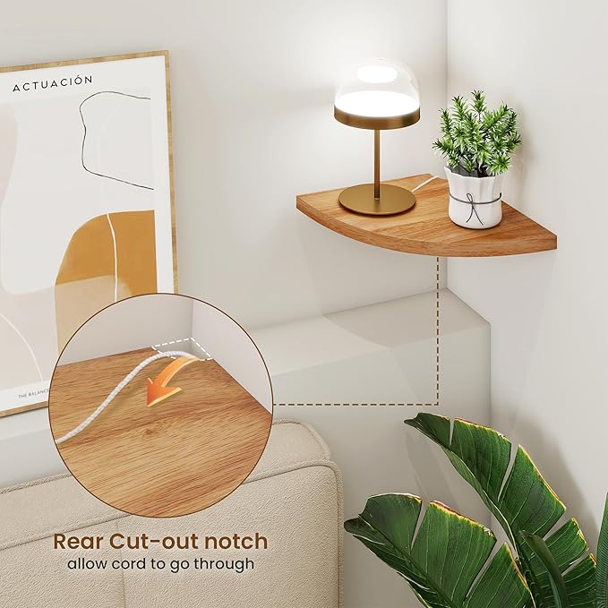 Fun Memories Corner Shelf Wall Mount Set of 2 - Solid Oak Wood Floating Corner Shelf with Cable Hole, 8.5in Rustic Design for Bedroom, Living Room, Kitchen (Natural)