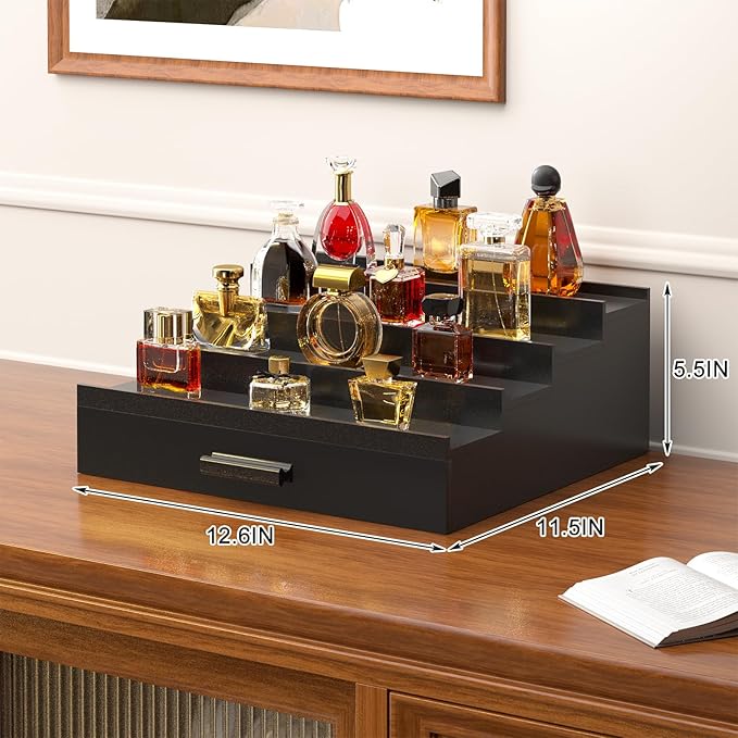 Vdamu Cologne Organizer for Men,4 Tier of Elevated Cologne Display Stand with Drawer Storage,Wood Cologne Display,Perfume Organizer and Storage Display Risers,Great Gift for Men (Black)