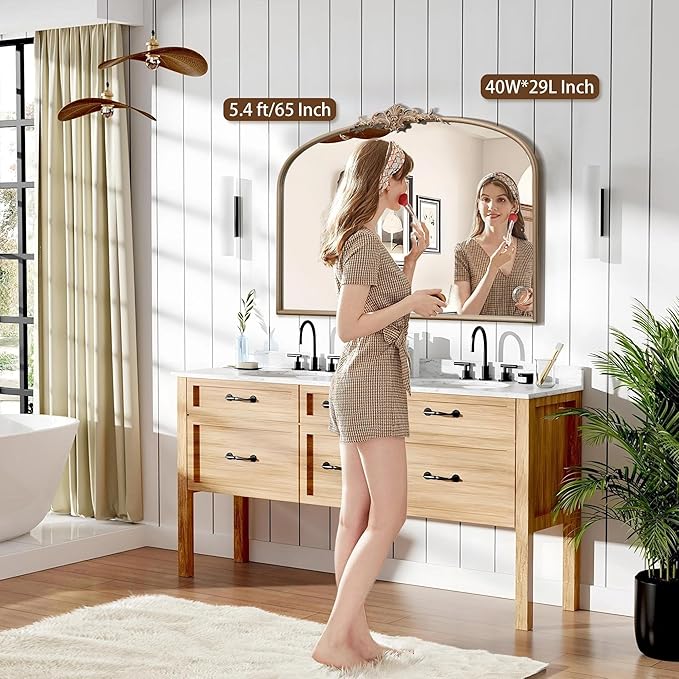 Besdomus Arched Vintage Gold Mirror: 40"x29" French Large Champagne Gold Antique Wall Mounted Mirror - Baroque Traditional Ornate for Fireplace/Bathroom/Living Room - Home Decor for Fashion-Conscious