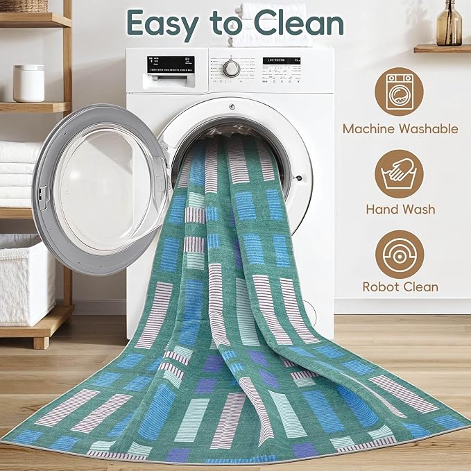 cotiled 6x9 Area Rug Living Room: Washable Boho Rugs with Non Slip Backing Large Soft Indoor Stain Resistant Carpet for Bedroom Farmhouse Dining Room Lightweight Home Decor Green