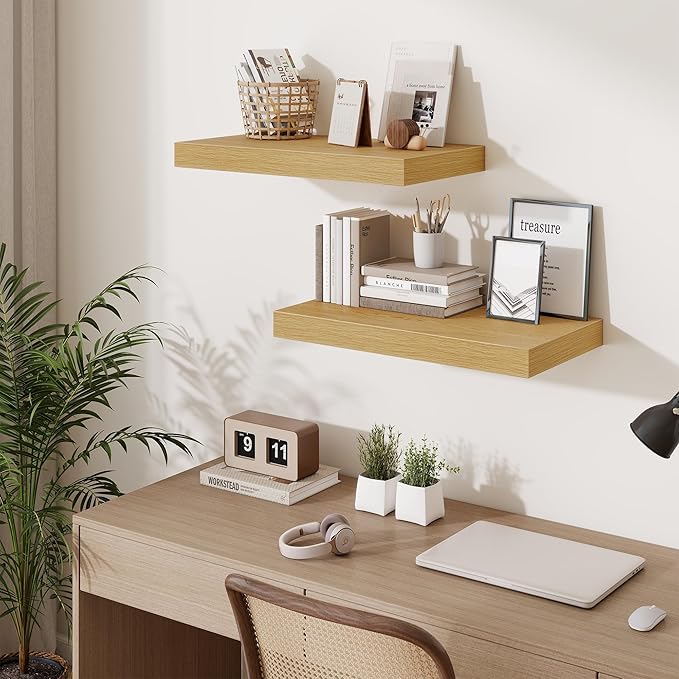 Fun Memories 24 Inch Floating Shelves Wall-Mounted, 12 Inch Deep Wall Shelves, 24 x 12 Floating Shelf, Deep Storage Shelf for Living Room Bathroom Bedroom, Oak, Set of 2