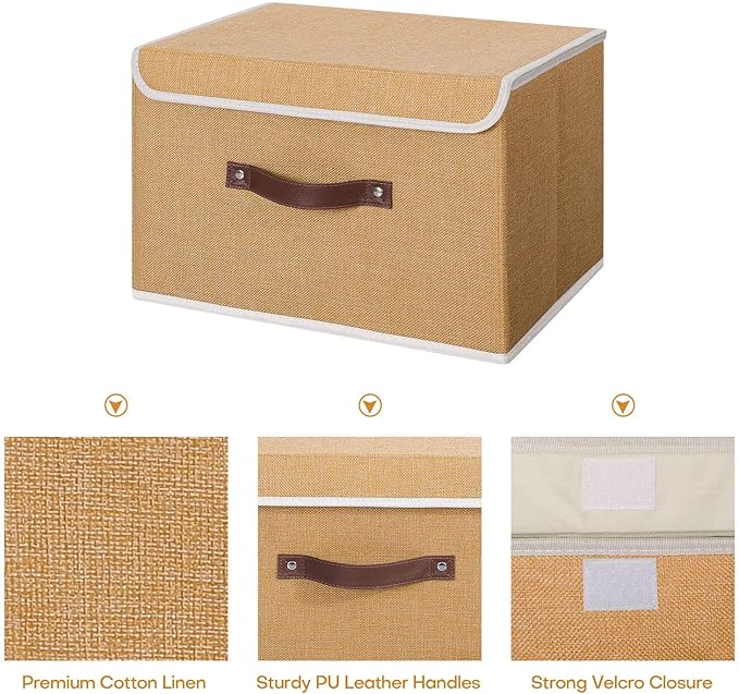 ANMINY 2PCS Storage Bins with Lid PU Leather Handles Storage Boxes PP Plastic Board Decorative Foldable Lidded Cotton Linen Fabric Home Cubes Baskets Closet Organizer Containers - Khaki, Large Size
