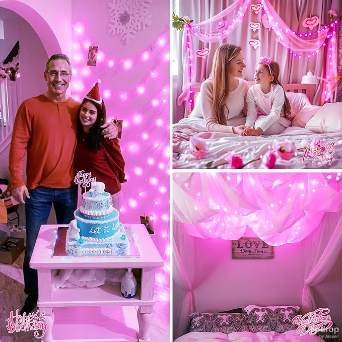 JMEXSUSS 100 LED Pink String Lights Indoor,33 ft Connectable Globe Pink Lights Plug in, 8 Mode Fairy Valentine Light with Remote for Bedroom Girl Room Anniversary Party Valentines Day Decorations