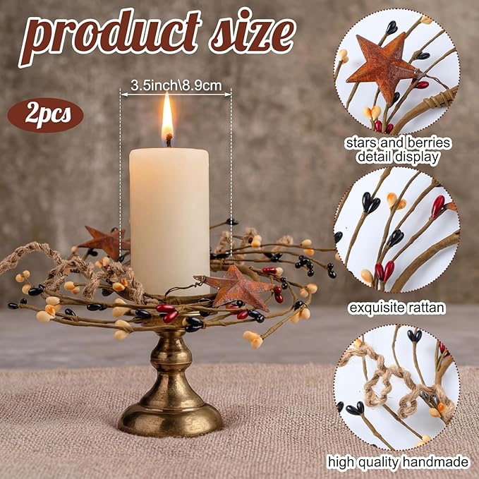 Daifunli 2 Pcs Primitive Pip Berry Candle Ring Rusty Stars Candle Wreath Ring for Pillar 3.9 Inch Candles Holder for Wedding Season Dining Table Centerpiece Decor