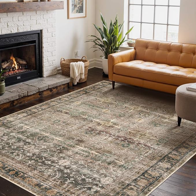 Rugxara Area Rugs for Living Room Bedroom, Washable Rug, Brown Vintage Retro Boho Rug, Non Slip & Low Pile Wool Thin Carpet for Indoor Dining Room, Kids Room and Office(Charcoal/Olive 4x6ft)