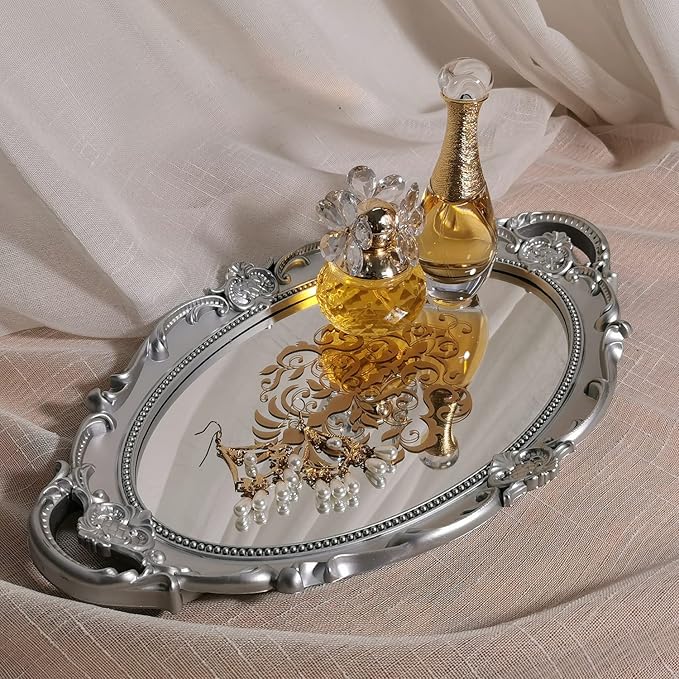 Oval Printed Decorative Mirror Tray, French Style, Mirror, Makeup Organizer, Jewelry Organizer, Serving Tray, 9.8"x 14.6", Silver
