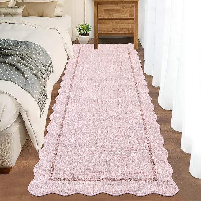 GarveeHome Scalloped Washable Runner Rug 2x8 Runner Modern Non Slip Kitchen Runner Distressed Low Pile Entryway Rug Soft Bathroom Rugs Stain Resistant Carpet for Bedroom Hallway Laundry 2'x8' Pink