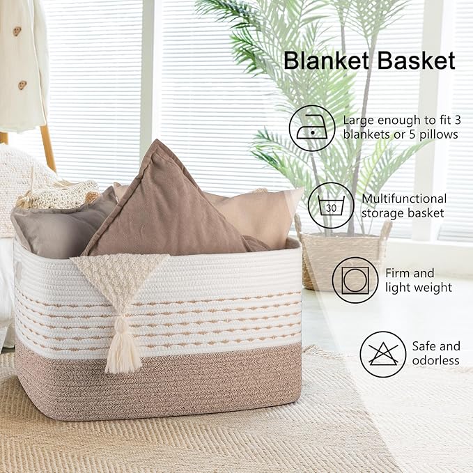 OIAHOM 75L Extra Large Blanket Basket, 22”x17”x15” Rectangle Woven Cotton Rope Baskets for for Living Room, Toy Storage with Handle- Gradient Light Brown