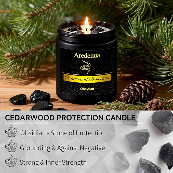 Scented Candle with Crystal for Emotional Protection and Grounding - Cedarwood Aromatherapy Candle with Obsidian Healing Crystals, Natural Soy Wax 7oz, Strength Gift for Women Men