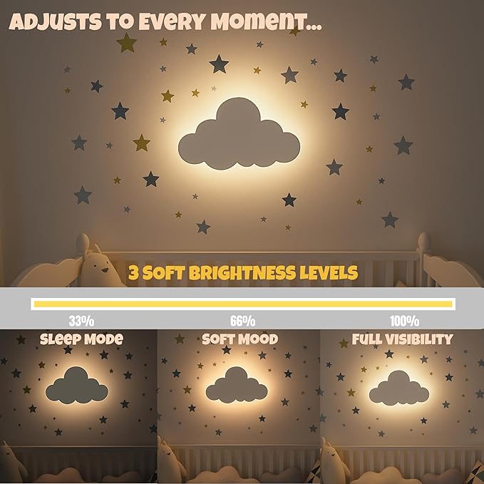 KALEOLI Cloud Wall Light for Nursery (Pack of 1) - Crib & Baby Room Decor Nigth Light – Dimmable & Rechargeable Kids Wall Lamp for Bedtime Routines - 68Pcs Star Wall Decals Included