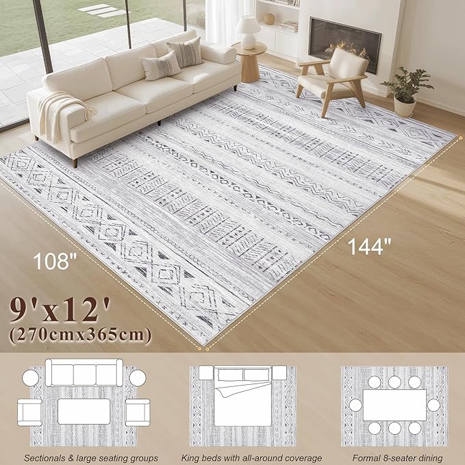 cotiled 9x12 Area Rug Living Room: Washable Boho Rugs with Non Slip Backing Large Soft Indoor Stain Resistant Carpet for Bedroom Farmhouse Dining Room Lightweight Home Decor Dark Grey