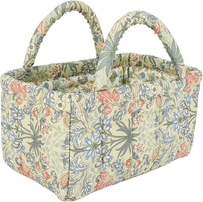 2Pcs Small Storage Basket Organizer, Mini Quilted Fabric Basket with Handle, Collapsible Storage Bin for Socks, Keys, Diapers