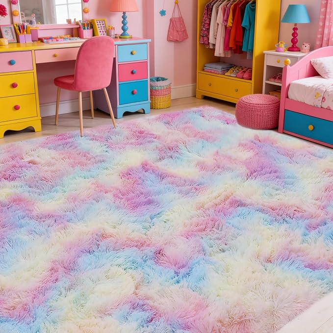 Large 9x12 Area Rug for Living Room, Soft Shag Rugs for Bedroom, Non-Slip Ultra Fluffy Rug,Modern Plush Carpet for Girls Boys Kids Room Dorm,Fuzzy Rug, Rainbow