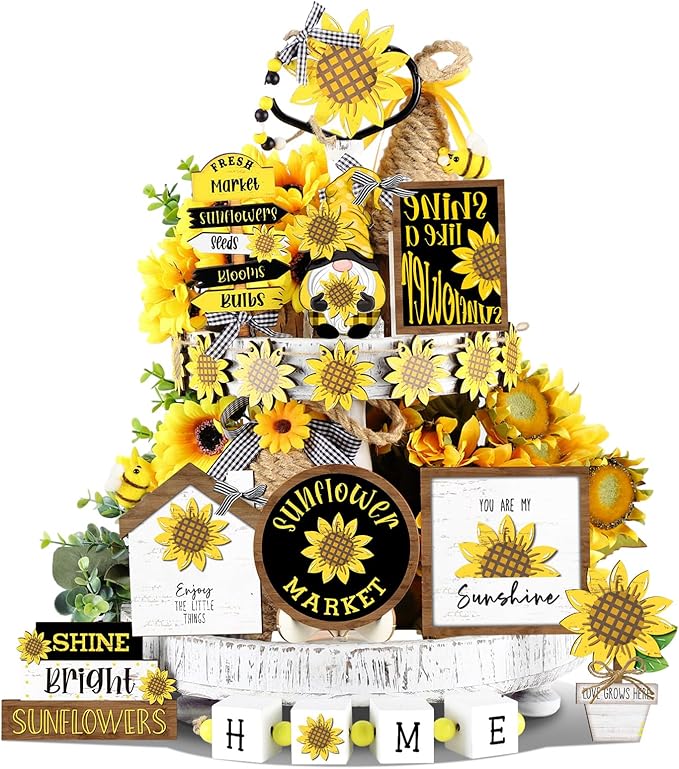 Bucherry 17 Pcs Sunflower Tiered Tray Decor Set Farmhouse Wooden Summer Table Signs Rustic Decorations for Home Spring Summer Table Centerpieces for Home Kitchen Shelf Tabletop