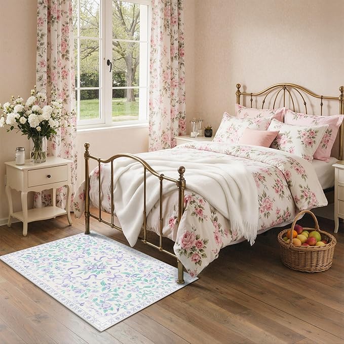 GENIMO 3X5 Washable Vintage Area Rugs for Living Room, Non-Slip Low Pile Chenille Print Rug, Soft Rugs for Bedroom Dining Room Home Office, Pastel Purple