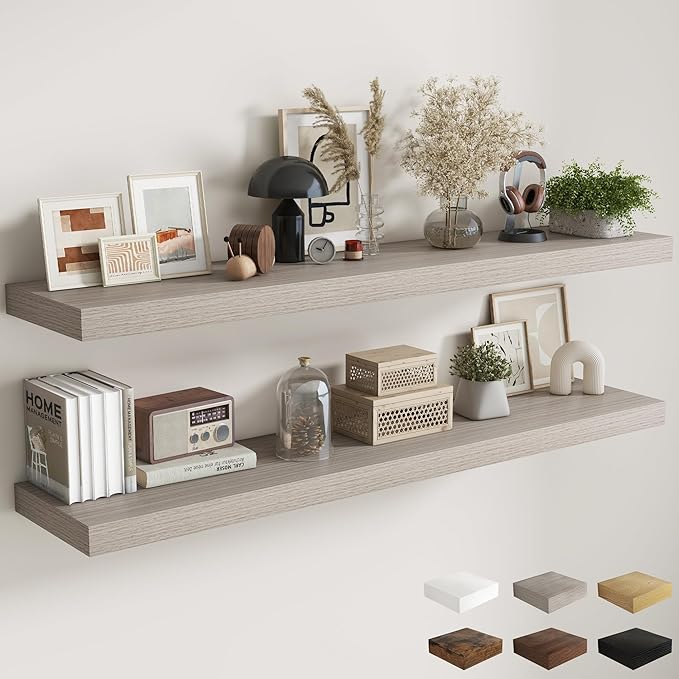 Fun Memories 12 Inch Deep Floating Shelves, 67 Inch Long Extra Large Floating Shelves for Home & Office, Wall Shelves with Invisible Bracket, Grey, Set of 2