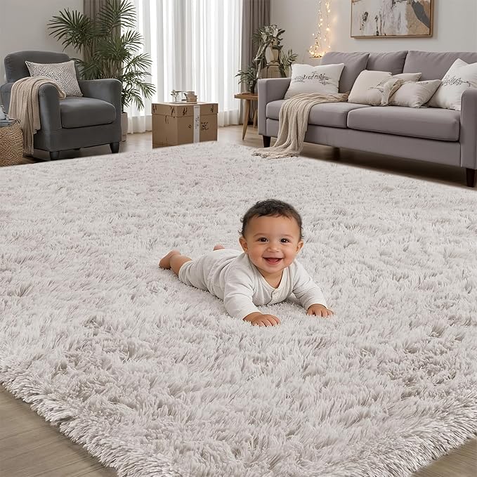 Area Rug for Living Room Bedroom: 9x12 White Soft Fluffy Shag Upgrade Non-Slip High Pile Carpet Large Fuzzy Plush Indoor Floor Decor Shaggy Rug for Kid Boys Girls Dorms Playroom Nursery Modern Home