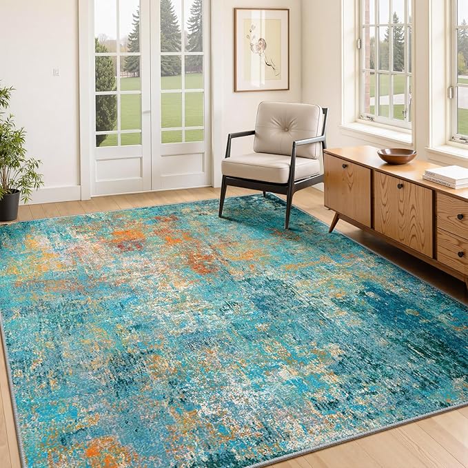 RELEANY Washable Area Rugs 4'x6' Non-Slip Modern Abstract Soft for Living Room Entryway Bedroom Nursery, Print Pattern, Teal Blue Green Orange Rust Red Coloreful