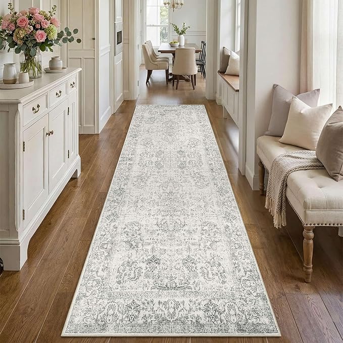 Rugxara 2'6" x 8' Hallway Runner Rug, Non Slip Boho Runner Rugs for Hallway, Kitchen, Entrance, Bathroom, Laundry Room, Soft Ultra-Thin Entryway Carpet, Throw Low Pile Retro Carpet, Grey