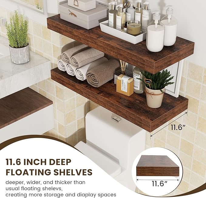 FLYJOE 30 Inch Floating Shelves | 12 Inch Deep Brown Floating Shelves Set of 2 | 30" W x 12" D Rustic Wood Shelves for Wall | Deep Brown Shelves for Living Room Bathroom Laundry Room Kitchen