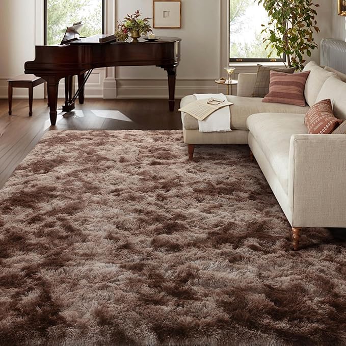 9x12 Ft Extra Large Shag Brown Area Rug for Living Room, Tie-Dyed Ultra Soft Fluffy Furry Rugs for Bedroom Indoor Floor, Aesthetic Carpet for Kids Home Decor (Coffee)