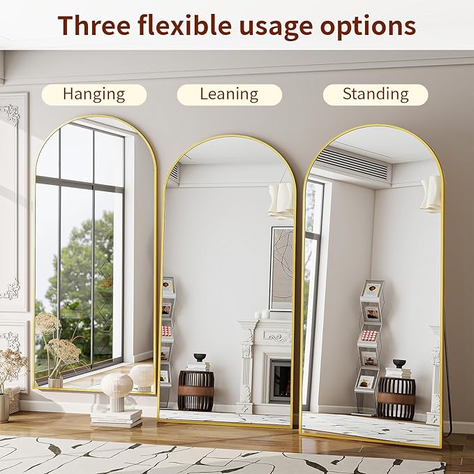 71"x26" Arched Mirror Full Length, Standing Floor Mirror, Wall Mounted Mirror with Aluminum Frame - for Standing, Leaning or Hanging, for Living Room Dressing Room, Gold
