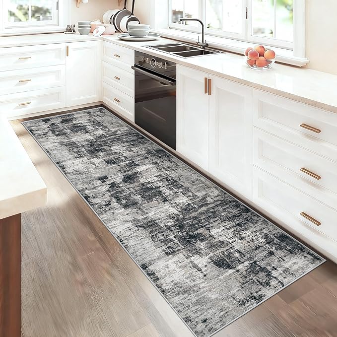 XLUEZ 2x7 Runner Rug for Hallway, Washable Modern Abstract Runner Rugs Neutral Soft Non Slip Kids Rug Stain Resistant Indoor Runners for Entryway Bedroom Kitchen Laundry Room(BlackGrey, 2'x7')
