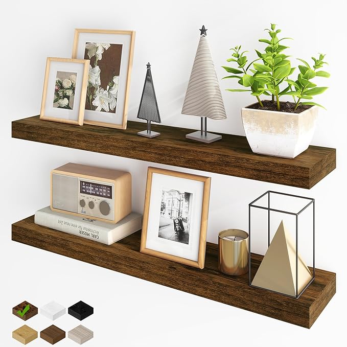 Fun Memories Floating Shelves for Wall, 36Inch Floating Shelves Set of 2, Hanging Shelf with Invisible Brackets, Bathroom Shelves for Living Room, Bedroom, Kitchen- Brown