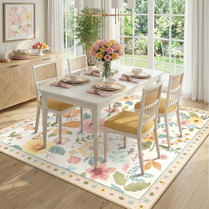 RELEANY Floral Nursery Square 5ft Area Rugs Washable Print Boho Cute Carpet Non Slip Flower Low Pile for Living Room Kids Girls Playroom Bedroom Kitchen Office Farmhouse-Beige/White/Orange