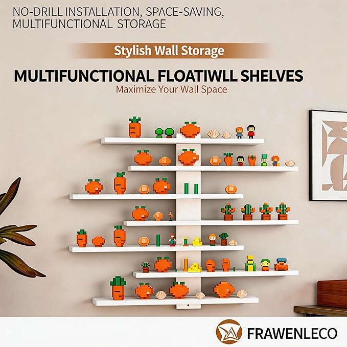 No Drill Floating Shelf for Wall, 7-Tier Wall Mounted Organizer, Damage-Free Display Shelf for Collectibles, Figures, Bathroom Kitchen Storage, White