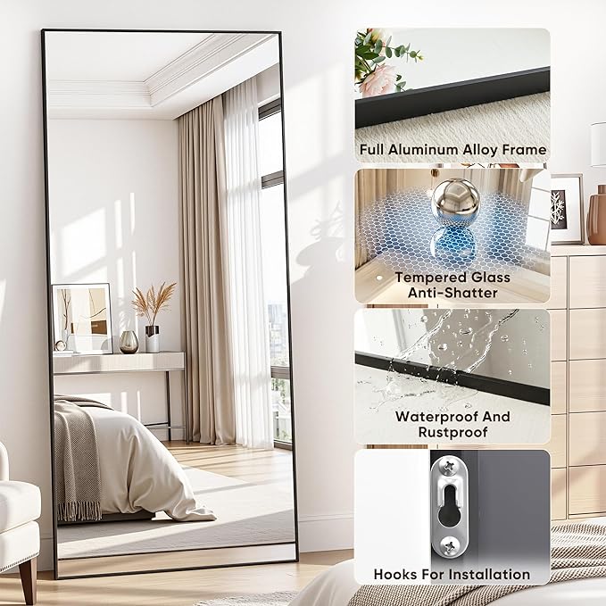Antok Full Length Mirror, 78"x38" Floor Mirror with Stand, Hanging Mounted Mirrors for Bedroom, Living Room, Cloakroom, Dining Room, Black, Rect