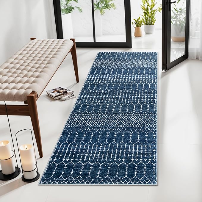 Lahome Moroccan Runner Rugs for Hallway 2x4 Bathroom Rugs Non-Slip Small Throw Kitchen Carpet Low-Pile Mat for Entryway Laundry Room Mat Geometric Indoor Carpert for Entrance Bath Hana, Blue