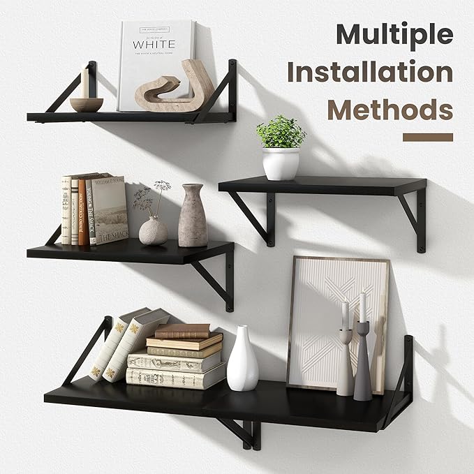 Marsmiles Black Floating Shelves for Wall, 12 Inch Deep Wood Wall Mounted Shelves Set of 2, 16W x 12D Wide Floating Wood Shelves for Bathroom Bedroom Kitchen Living Room, Black