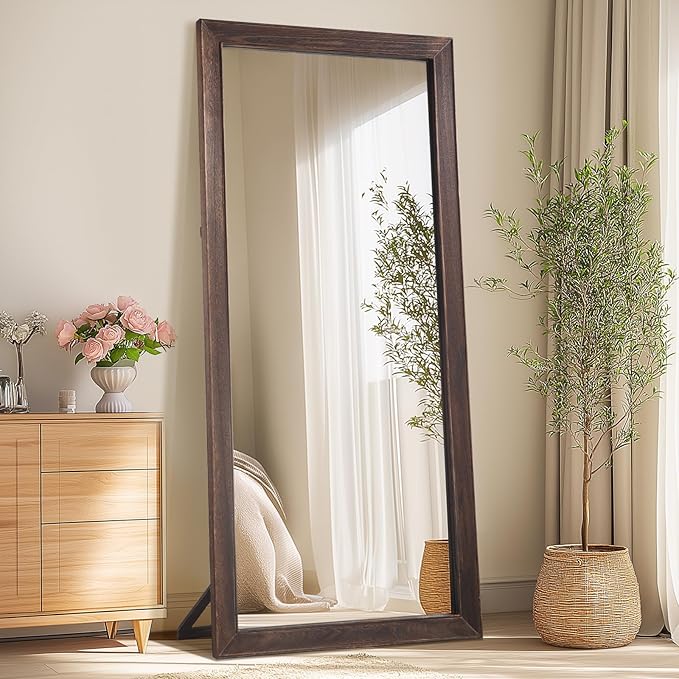 Rustic Farmhouse Full Length Mirror, 71"x32" Wood Frame Large Floor Mirror, Free Standing Mirror Leaning Wall for Bedroom Living Room Cloakroom, Charcoal-Grilled Brown