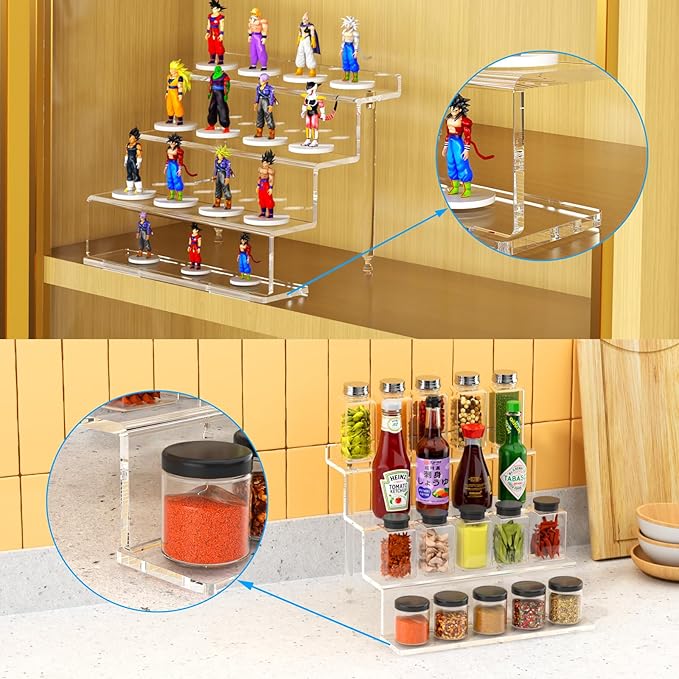 NIUBEE Acrylic Riser Display Shelf, Clear Display Stand for Amiibo Funko POP Figures,4 Tier Cupcakes Stand Perfume Organizer and Storage (9 Inch Small)