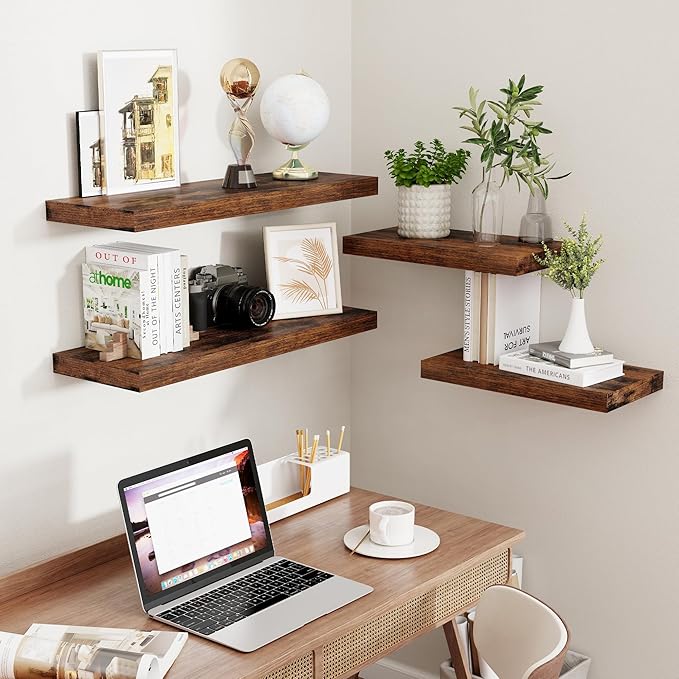 16 Inch Long Floating Shelves, 9.3 Inch Deep Floating Shelf for Wall, Living Room, Kitchen, Rustic Deep Wood Shelves for Bathroom, 2 Pack Storage Display Shelf for Books, Decor, Rustic Brown